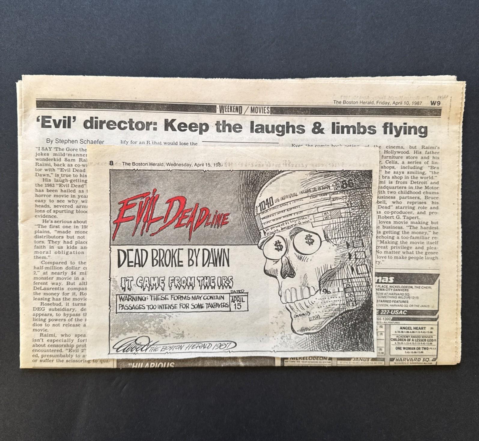 Evil Dead 2: Dead By Dawn 1987 Boston Newspaper Review & Raimi + Tax Day Parody!