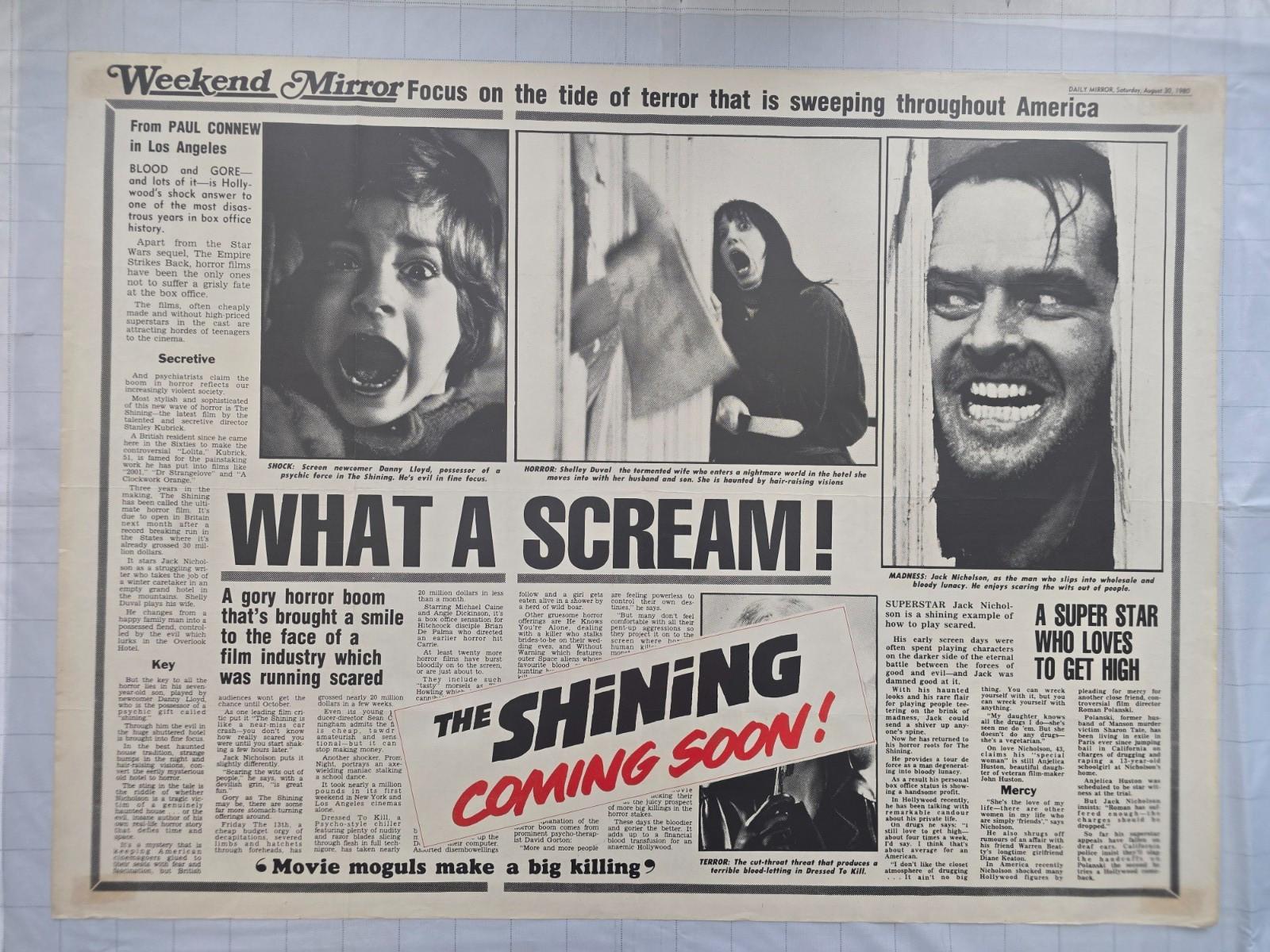 1980 The Shining Original Teaser UK Quad Movie Poster Daily Mirror Kubrick Rare