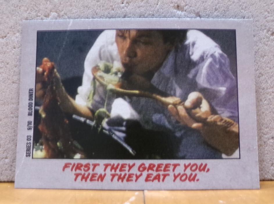 COOL NEW VINTAGE RETRO STYLE HORROR FACTS TRADING CARD "BLOOD DINER" 1987