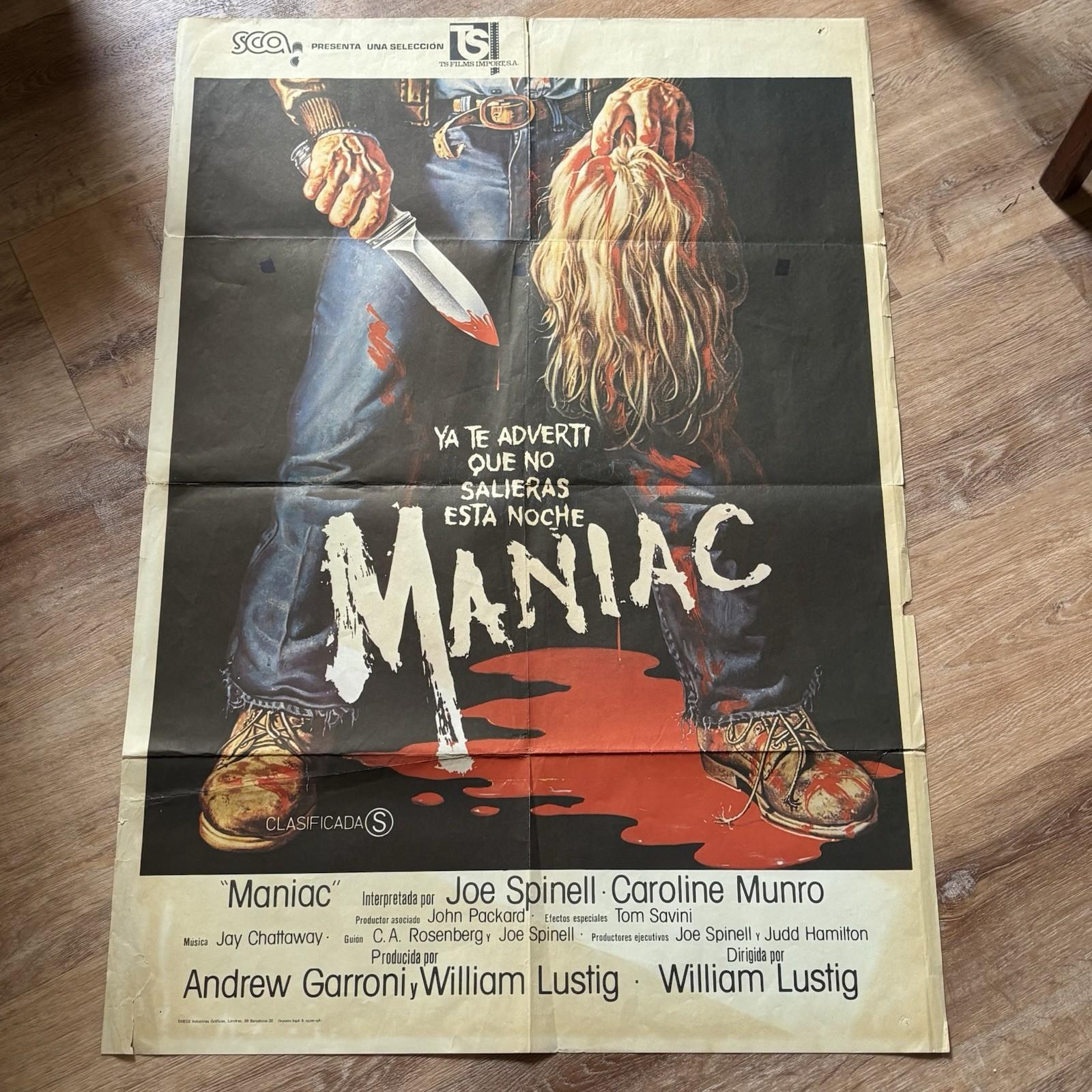 Vintage MANIAC 1980 Original Folded Horror Film Movie Poster 27x40” Spain