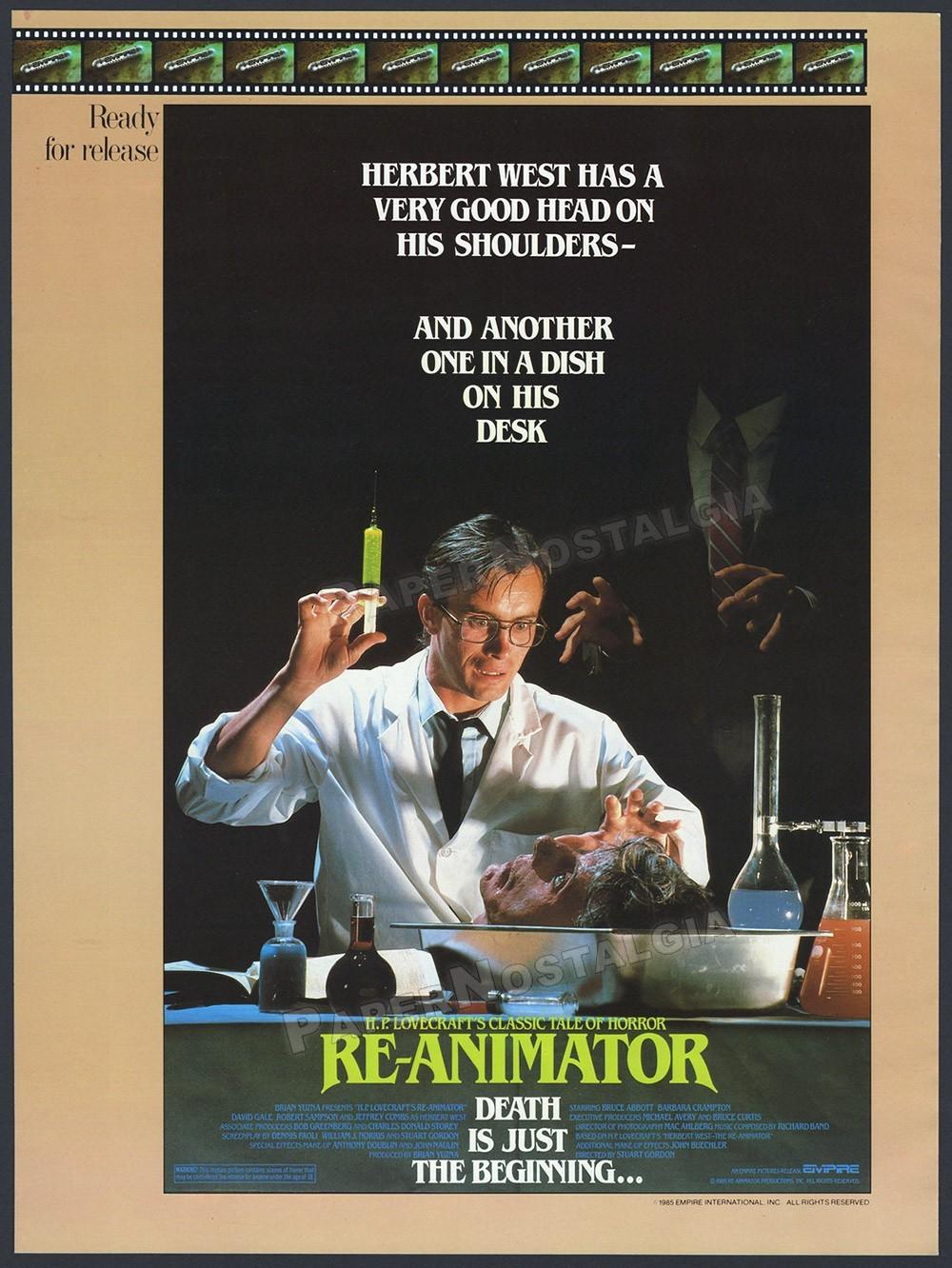 RE-ANIMATOR - Original 1985 Trade AD / poster _ H.P. Lovecraft _ Jeffrey Combs