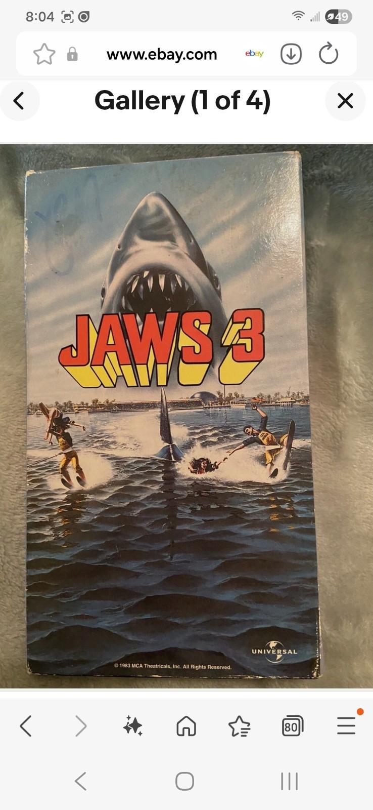 JAWS 3 VHS VCR 1983 Tape Dennis Quaid Vintage Shark Horror Thriller