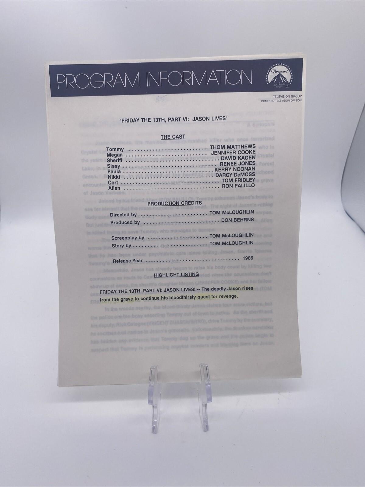 Friday The 13th Part VI Jason Lives Program Information 1986 From Press Kit