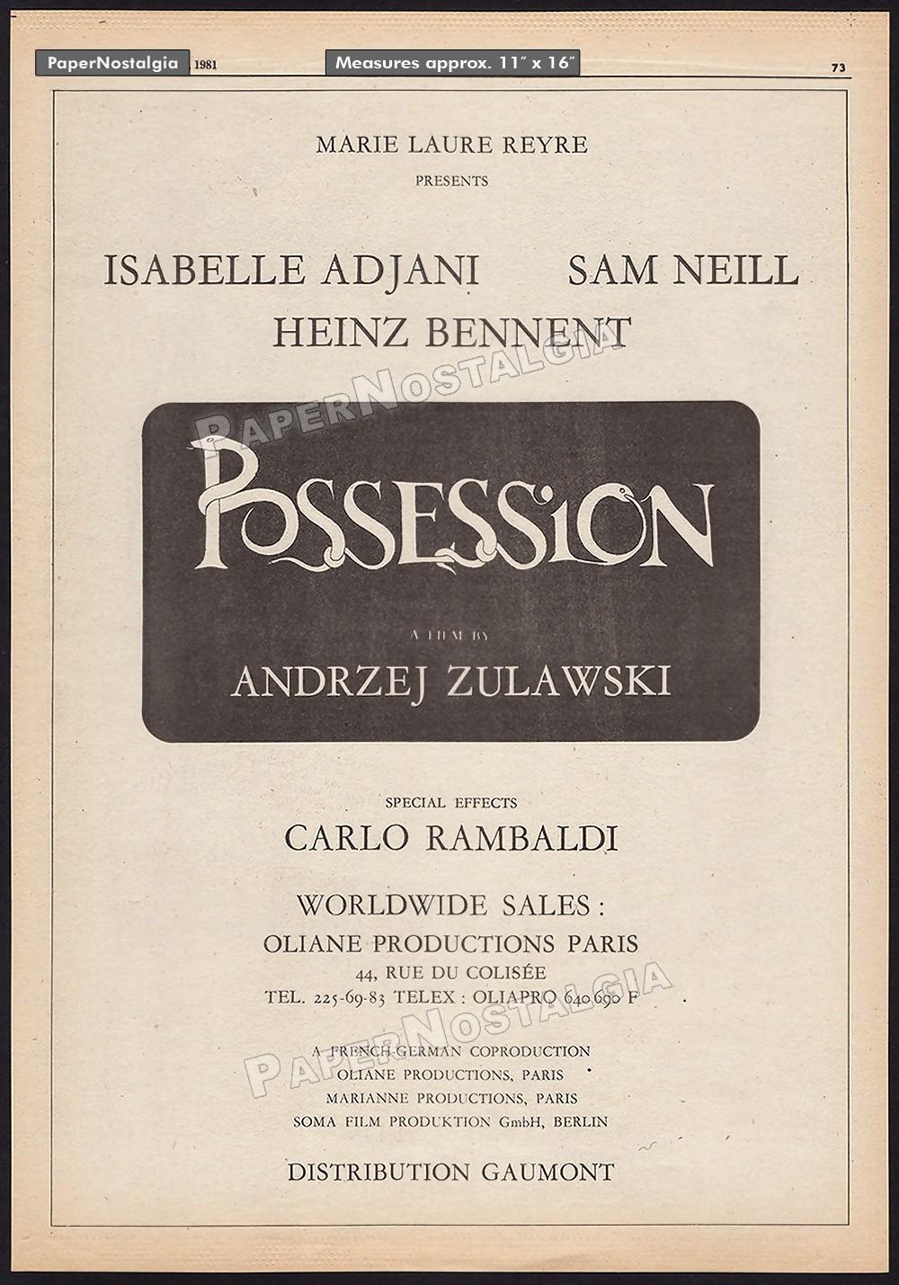 POSSESSION - Original 1981 Trade AD / poster_ Andrzej Zulawski _ Isabelle Adjani