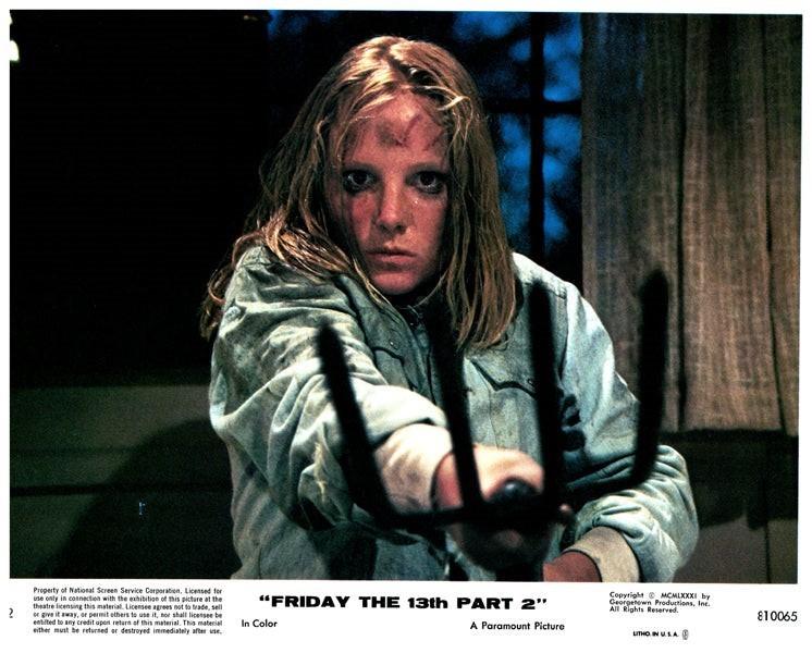 Friday the 13th Part 2 Original Lobby Card Amy Steel holding pitchfork 1981 