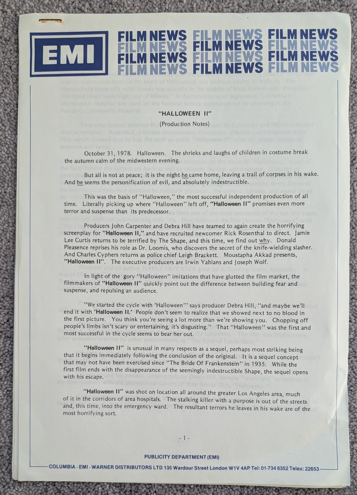 Halloween II Original UK Production Notes EMI Marketing Promo Horror 2 Rare