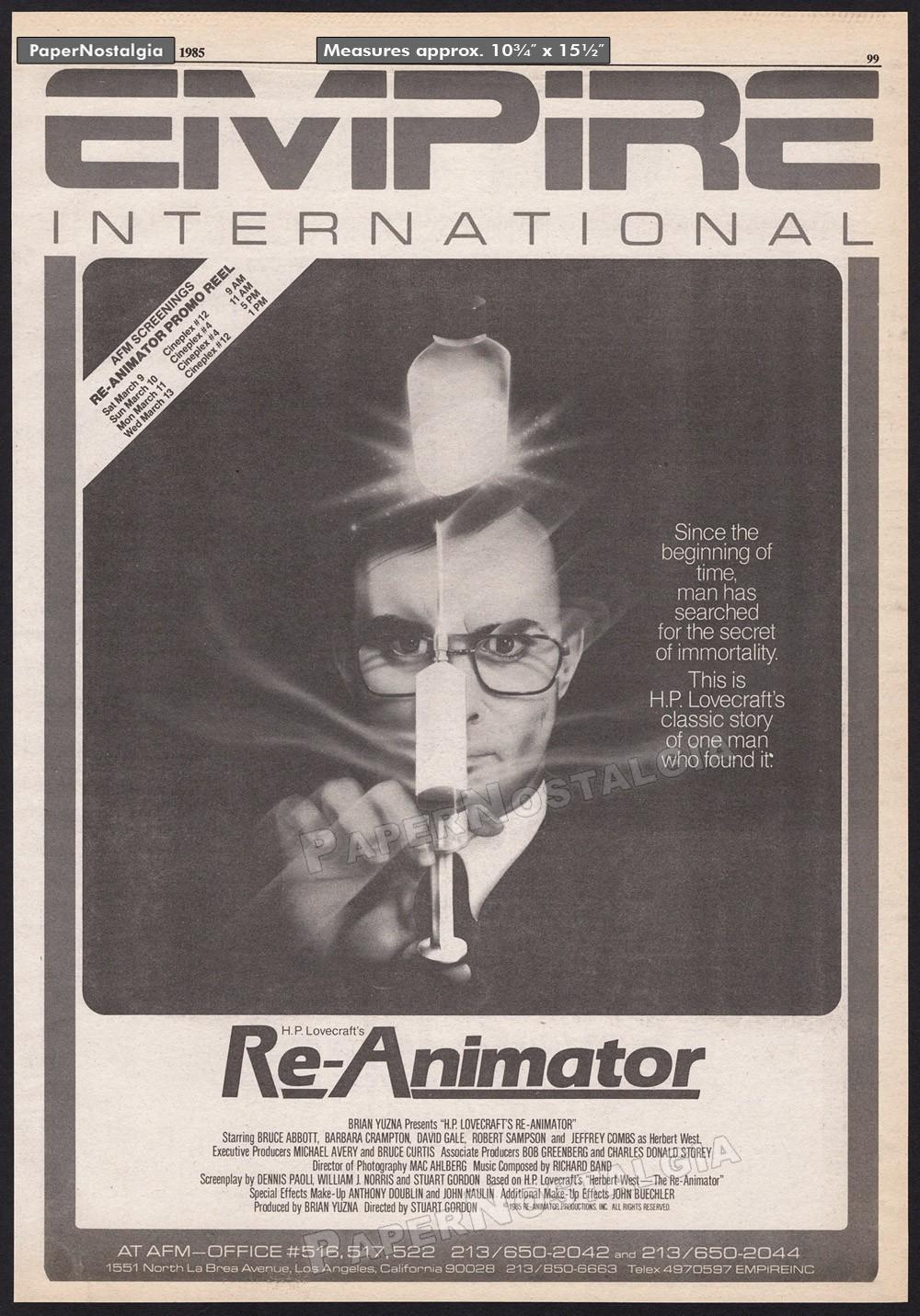 RE-ANIMATOR – Original 1985 Trade AD / poster – Jeffrey Combs – Stuart Gordon