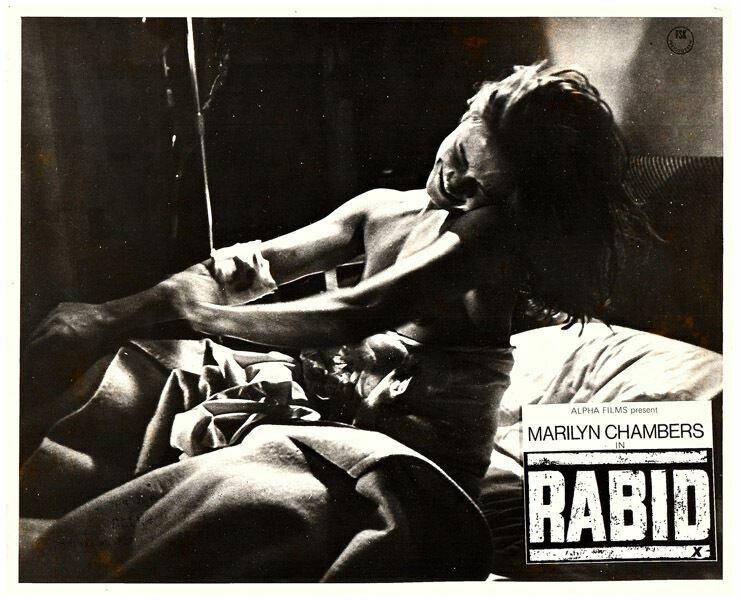 Rabid original 1977 lobby card Marilyn Chambers in hospital bed going mad